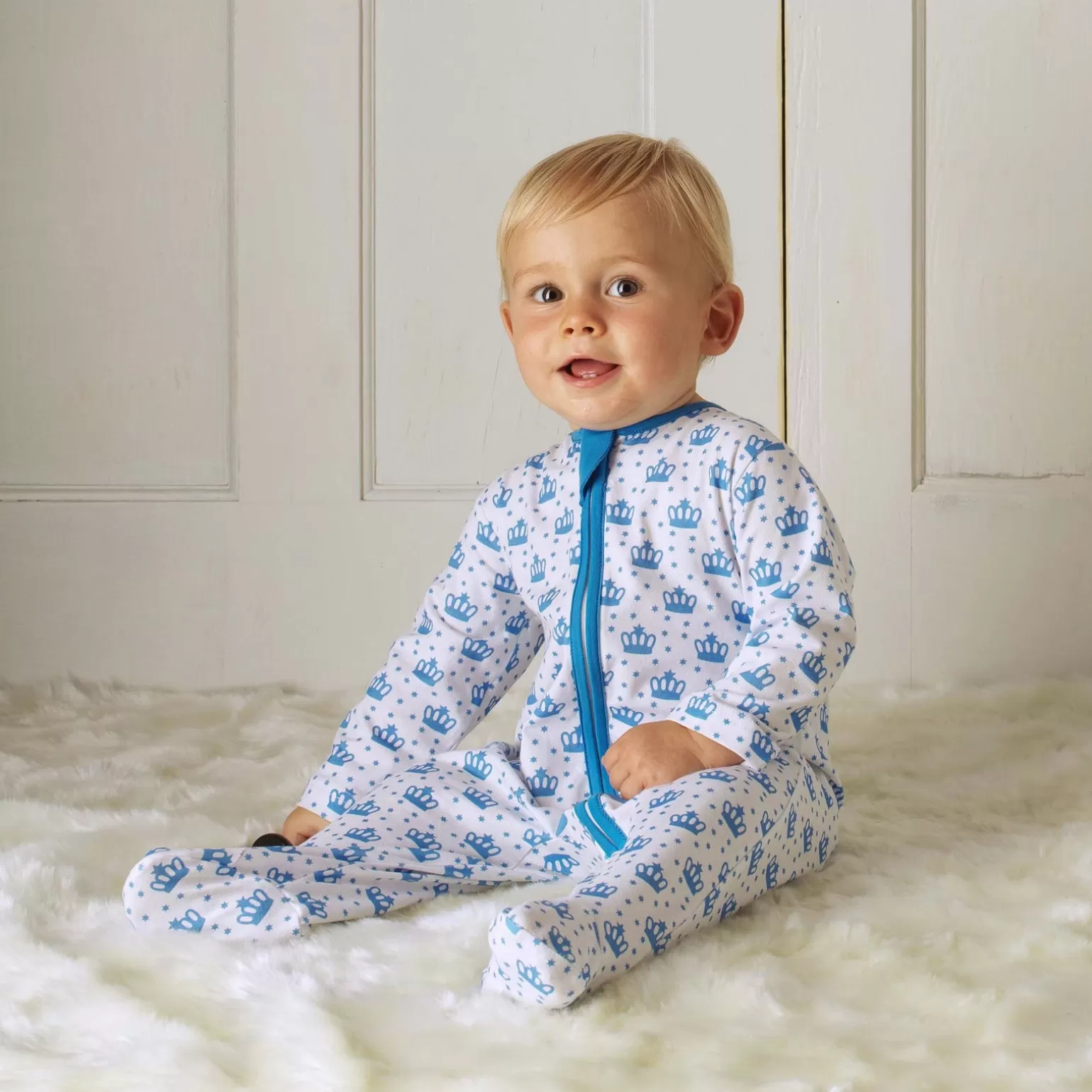 Rachel Riley Blue Polka Dot Crown Babygro | Baby Boy Newborn