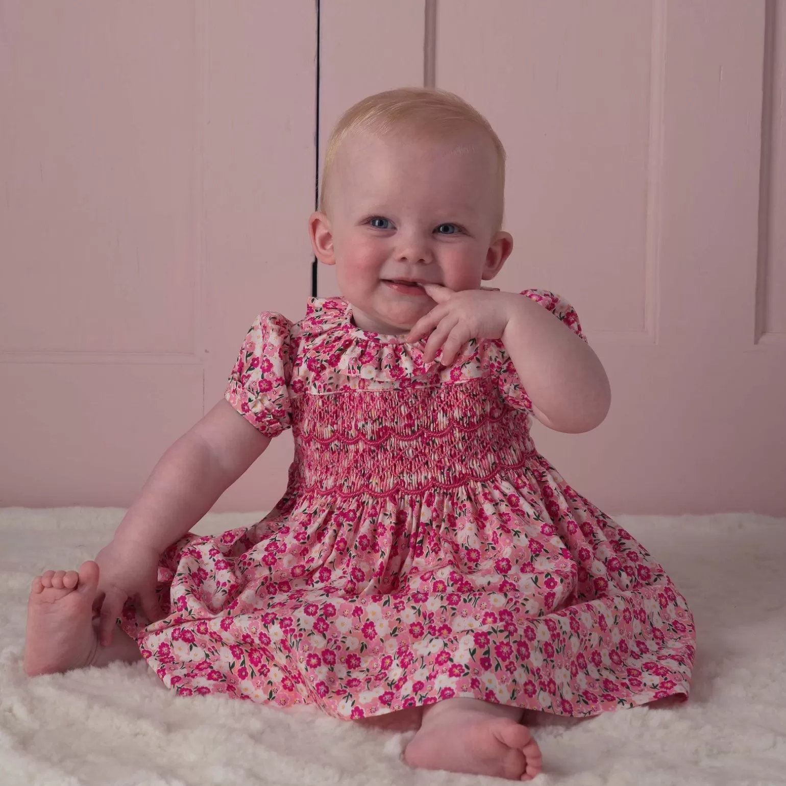 Rachel Riley Carnation Floral Frill Smocked Dress & Bloomers | Baby Girl Dresses