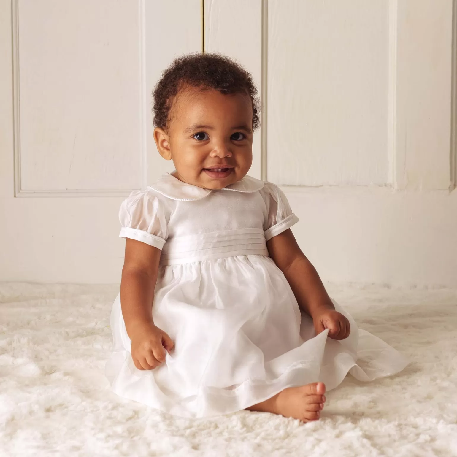 Rachel Riley Ivory Organza Pintuck Dress | Baby Girl Dresses