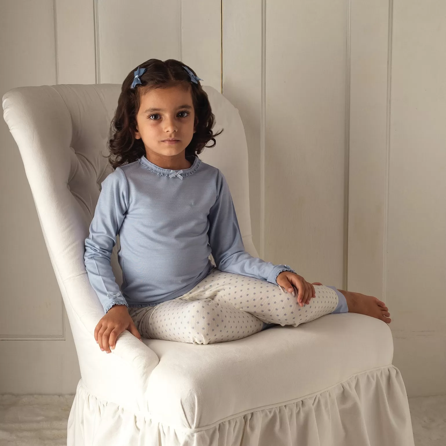 Rachel Riley Lace And Bows Long Sleeve Dusty Blue Top | Girl Tops