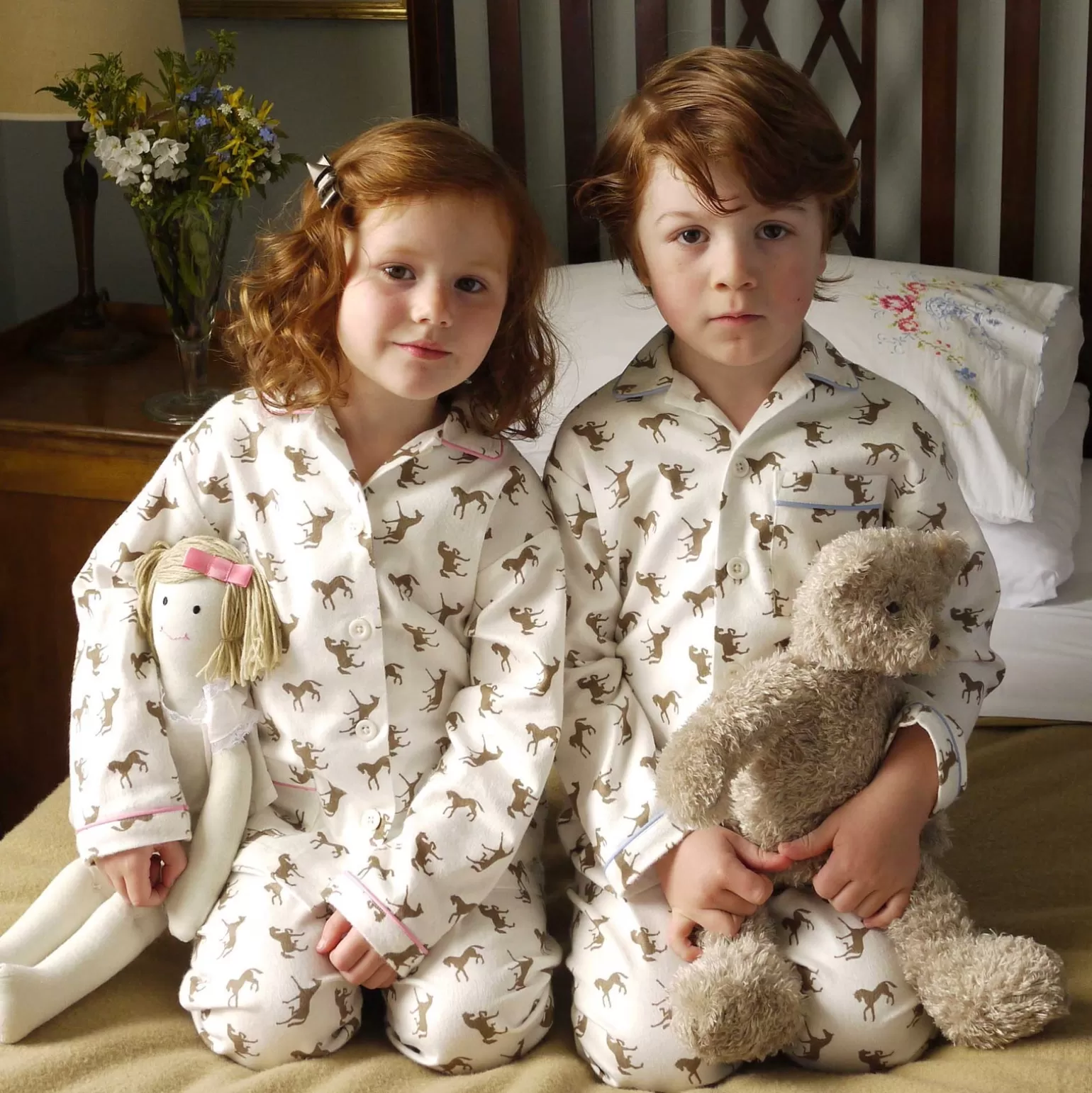 Rachel Riley Pink Trim Horse Print Flannel Pyjamas | Girl Pyjamas & Nightdresses