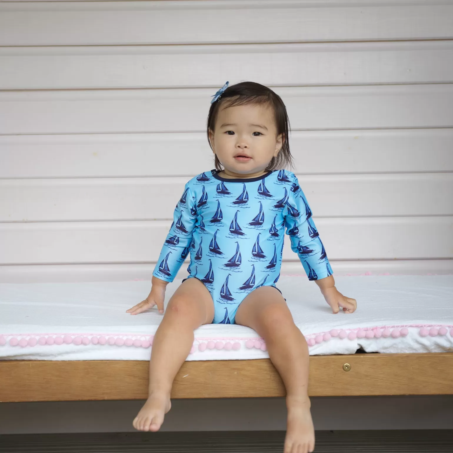 Rachel Riley Sailboat Frill Rash Guard Swimsuit | Baby Girl Swimwear