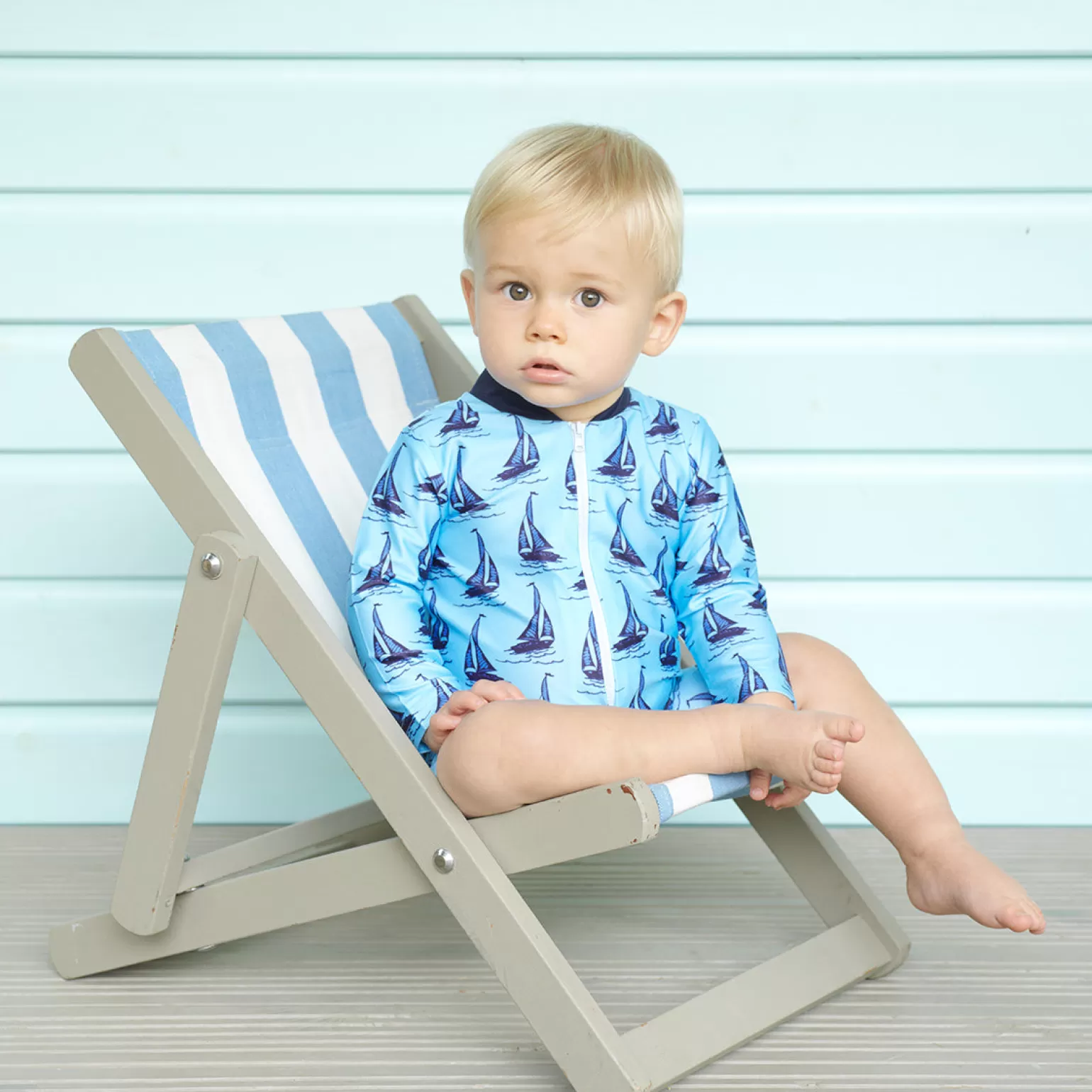 Rachel Riley Sailboat Zip Up Rash Guard | Baby Boy Swimwear